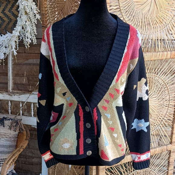 Coldwater Creek Sweaters - Vintage Coldwater Creek Geometric Patterned Sweater - Black, Red, Green_S